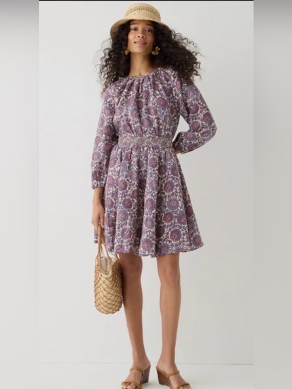 J. Crew linen xs Cream purple burgundy blue Paisley Long Sleeve Dress smocked